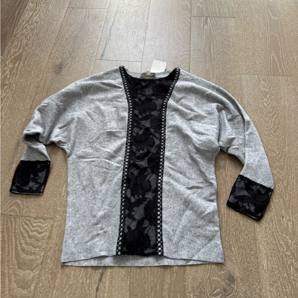Frisson Couture Gray Knit Top with Black Lace Panel
